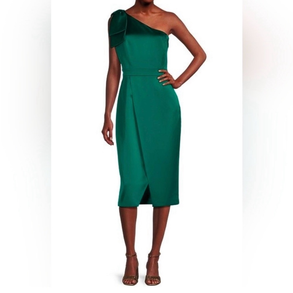 NWT Alex Marie Green Satin One-Shoulder Bow Sleeveless Faux Wrap Split Hem Dress